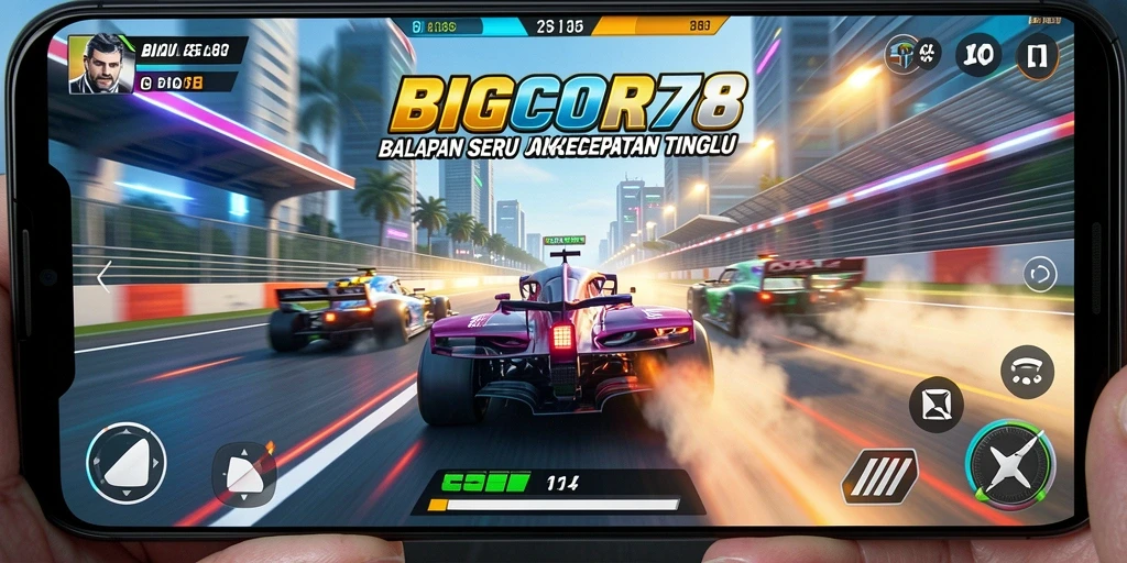 Tangkapan layar gameplay BIGCOR78 menampilkan aksi balapan yang mendebarkan.