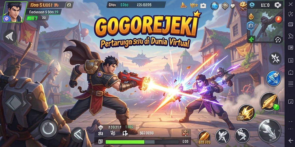 Tampilan aksi pertarungan intens GOGOREJEKI dengan karakter unik.