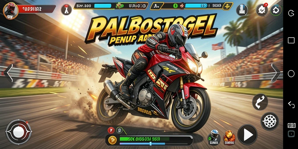 Tangkapan layar gameplay PAKBOSTOGEL menampilkan aksi balapan motor yang intens.