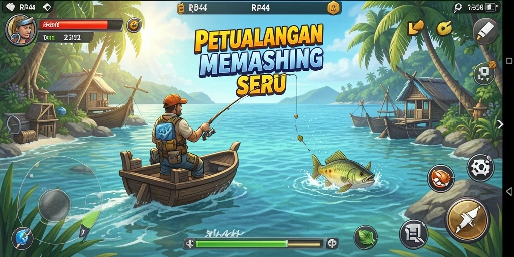 Screenshot gameplay RR44 menampilkan keseruan memancing yang mendebarkan.