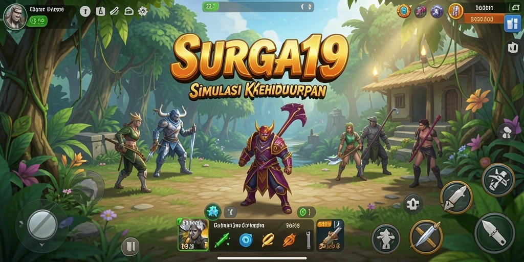 Tangkapan layar gameplay SURGA19 yang menunjukkan aktivitas simulasi kehidupan.