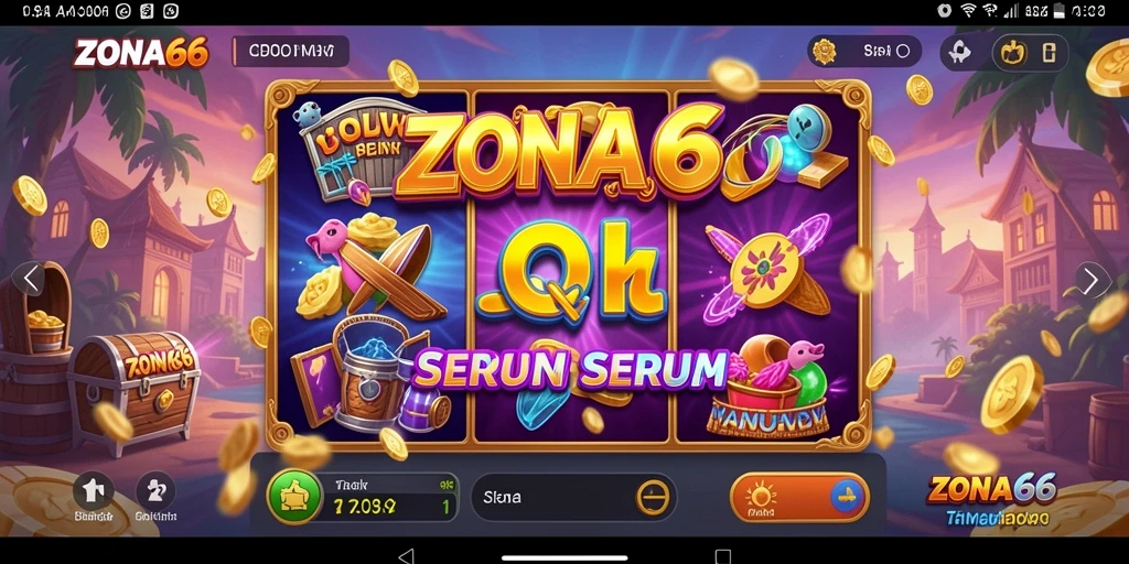 Tampilan gameplay ZONA66 dengan simbol slot yang berwarna-warni dan fitur menarik.